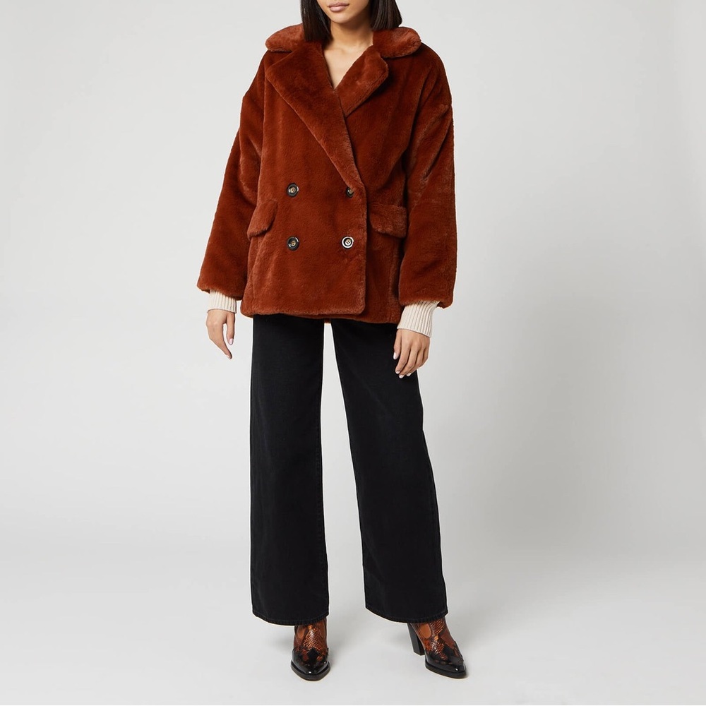 Free People Solid Kate Faux Fur Coat Terracotta XS Double Breasted Button Teddy